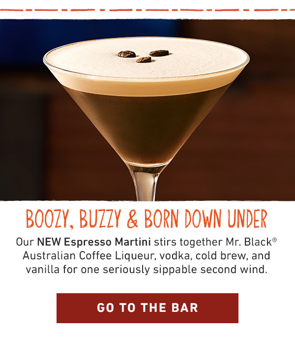 Boozy, Buzzy & Born Down Under - Our NEW Espresso Martini stirs together Mr. Black Australian Coffee Liqueur, vodka, cold brew, and vanilla for one seriously sippable second wind. Go To The Bar