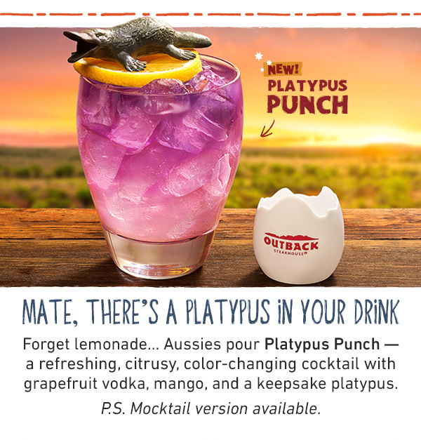 Mate, There's A Platypus In Your Drink - Forget lemonade...Aussies pour Platypus Punch -- a refreshing, citrusy, color-changing cocktail with grapefruit vodka, mango, and a keepsake platypus. P.S. Mocktail version available.