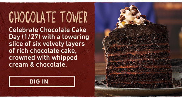 Chocolate Tower - Celebrate Chocolate Cake Day (1/27) with a towering slice of six velvety layers of rich chocolate cake, crowned with whipped cream and chocolate. Dig In