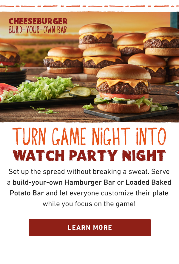 Cheeseburger Build-Your-Own-Bar - Turn Game Night Into Watch Party Night - Set up the spread without breaking a sweat. Serve a build-your-own-Hamburger Bar or Loaded Baked Potato Bar and let everyone customize their plate while you focus on the game! Learn More