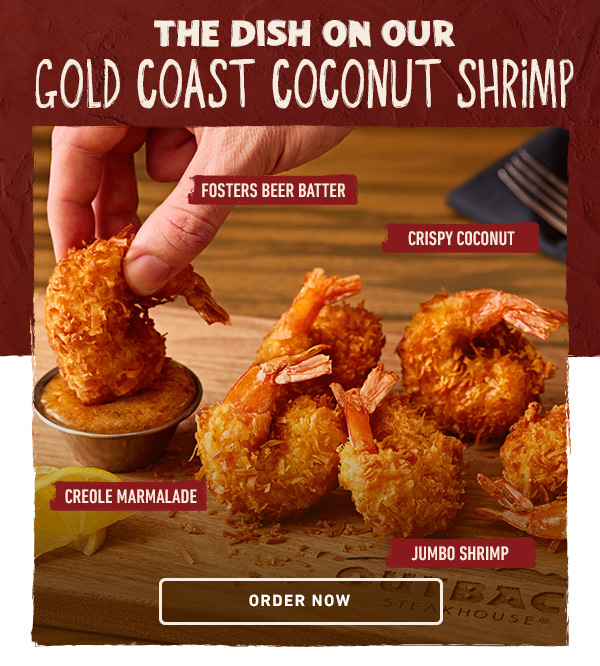 The Dish On Our Gold Coast Coconut Shrimp - Fosters Beer, Crispy Coconut, Creole Marmalade, Jumbo Shrimp - Order Now